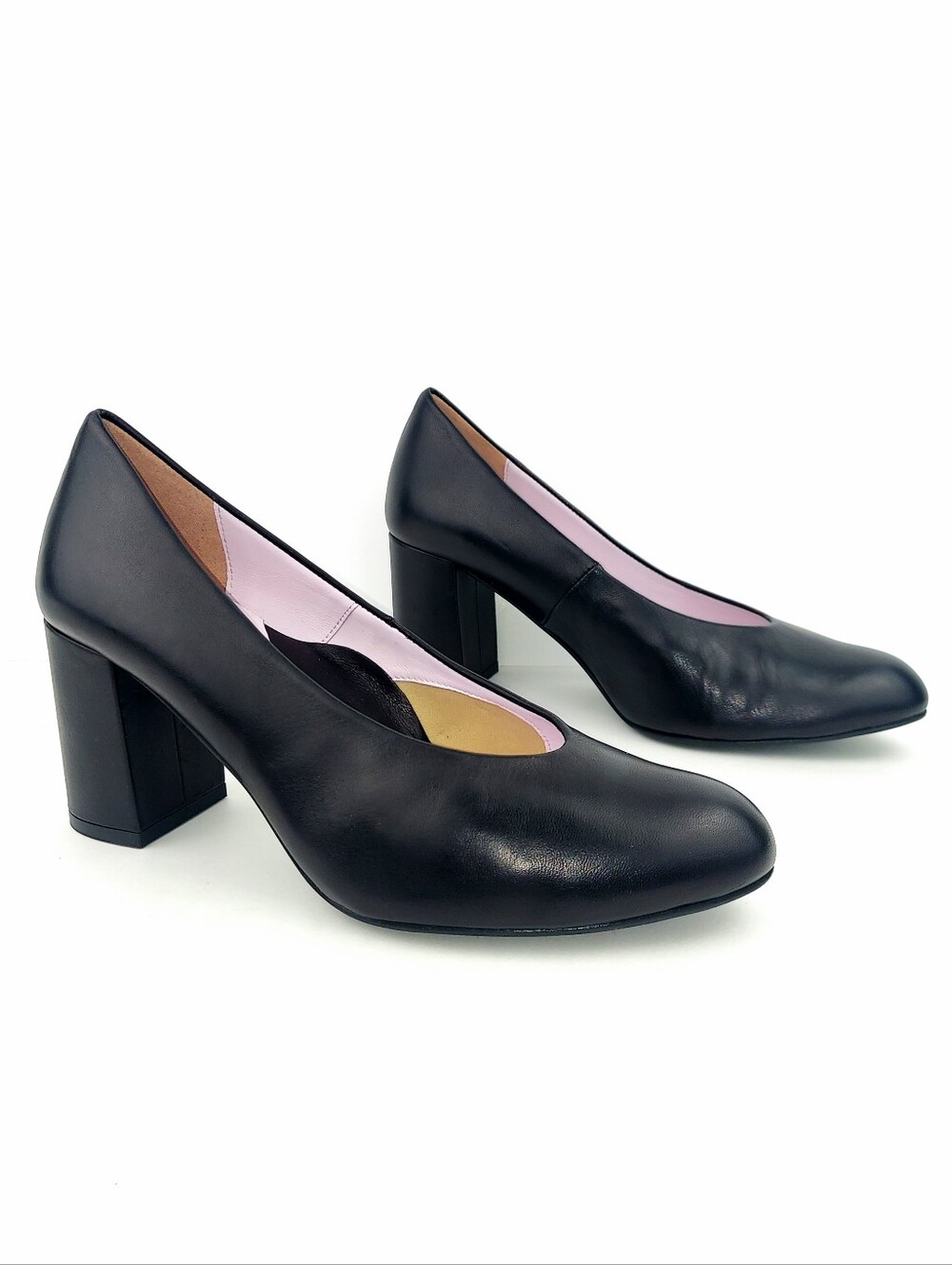 Sole Bliss Mia Black Leather Round Toe Comfort Heels 8.5